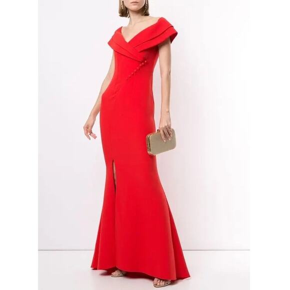 Safiyaa V-Neck Off-The-Shoulder Mermaid Maxi Dress - S/M - Red - Picture 1 of 6